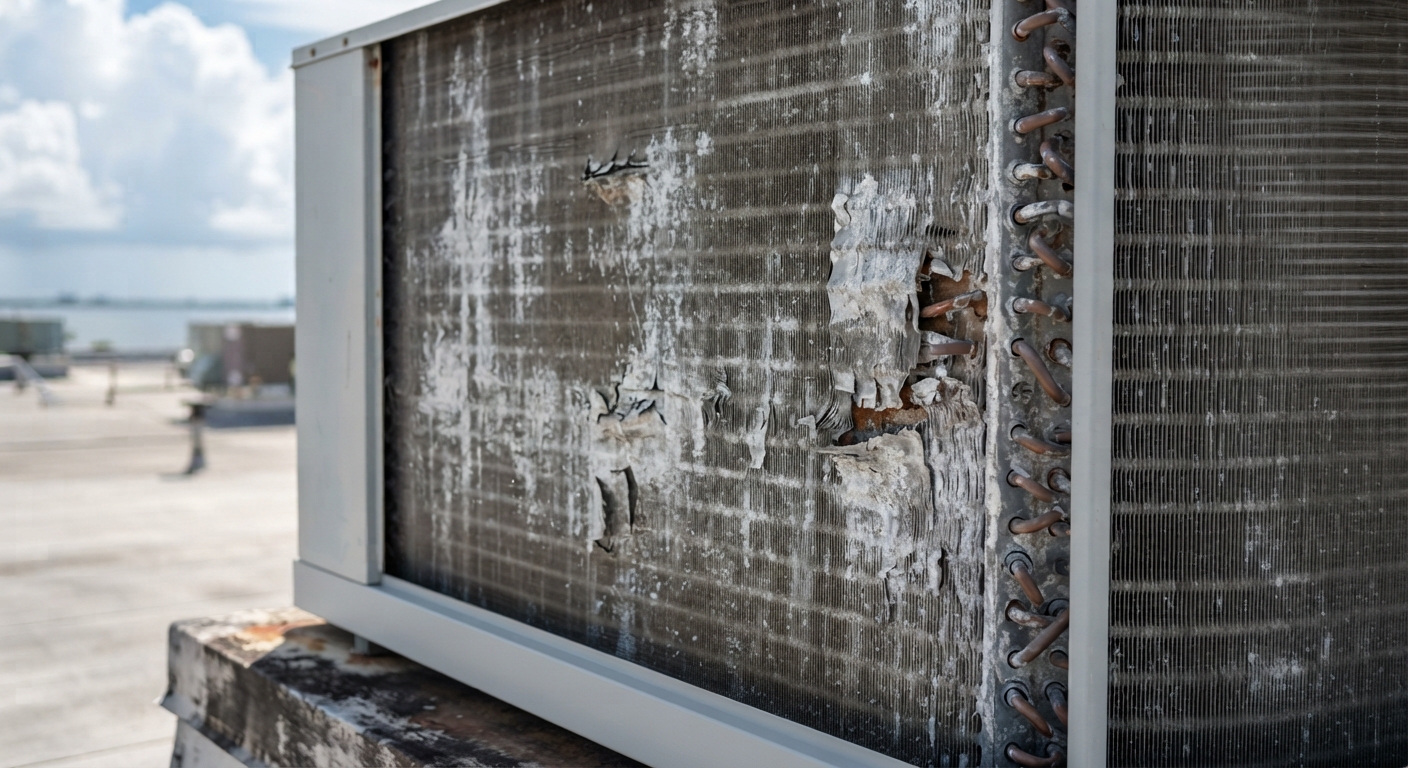 Close view of a corroded condenser coil with flaking fins on an aging commercial rooftop unit near the bay