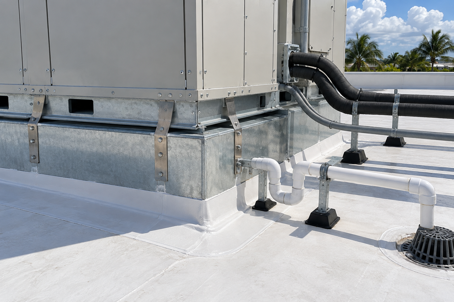 Close view of a new rooftop HVAC unit fastened to its roof curb with stainless steel brackets, with piping and a condensate line raised on supports above a white commercial roof membrane.