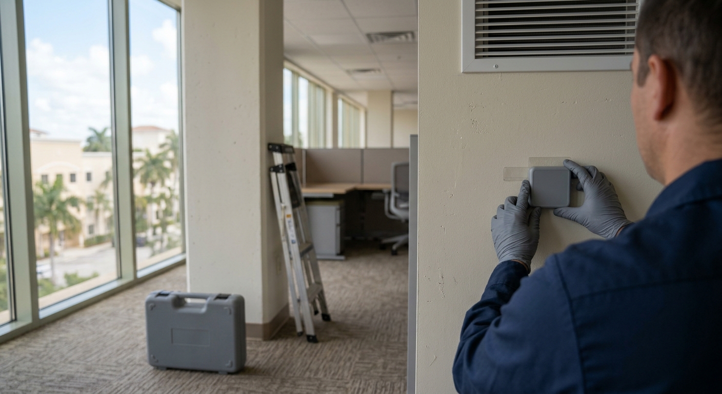 HVAC technician mounting a small temperature and humidity data logger on an office wall beside a ceiling return grille to trend building humidity control before any equipment change