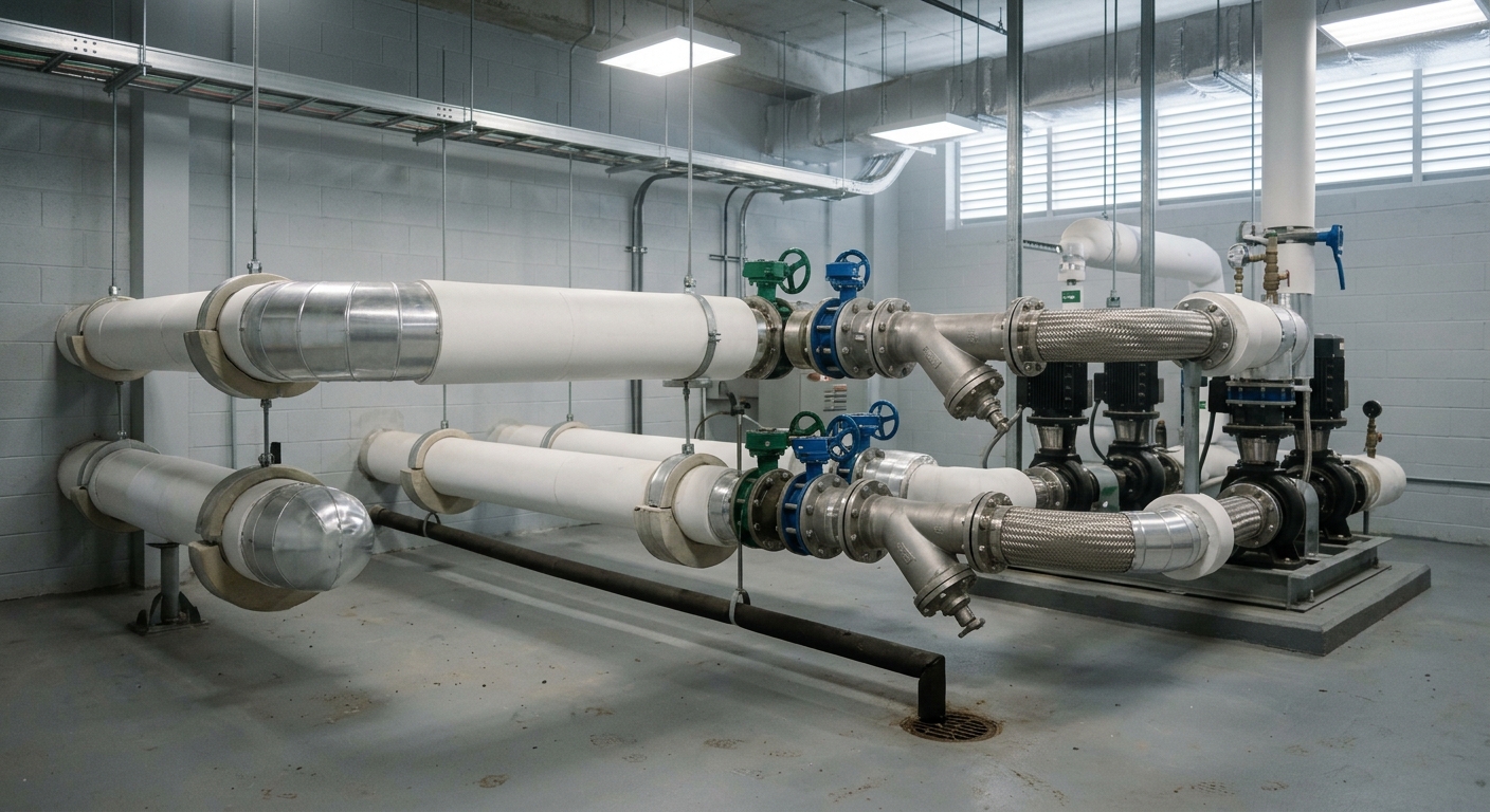 Insulated chilled water supply and return piping with isolation valves, a strainer, and flexible connectors in a commercial mechanical room