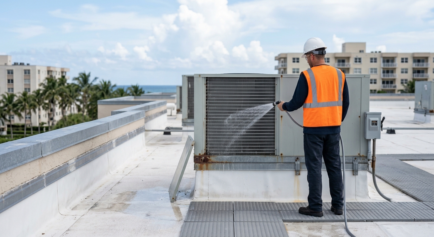 Technician rinsing a rooftop unit condenser coil with low-pressure fresh water as part of HVAC coil corrosion prevention on a Florida commercial roof