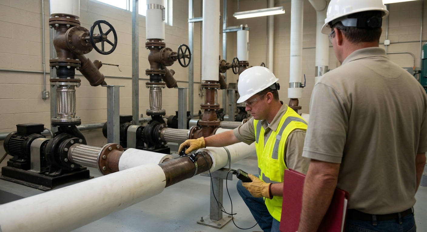 Technician clamping ultrasonic flow meter sensors onto a chilled water pipe as a facility manager looks on during commercial chiller troubleshooting