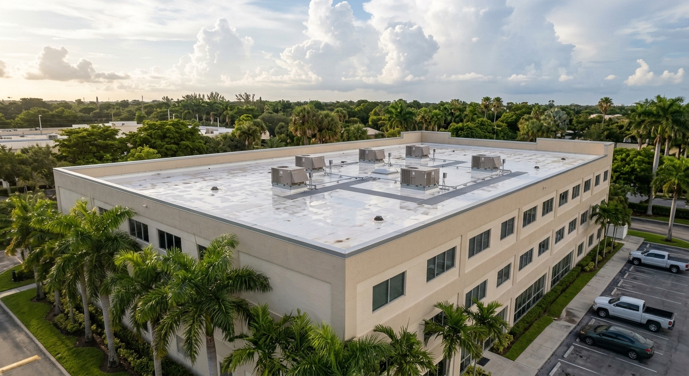 Packaged rooftop units on a South Florida medical office roof after rain, the equipment a commercial HVAC controls upgrade brings under one building automation system