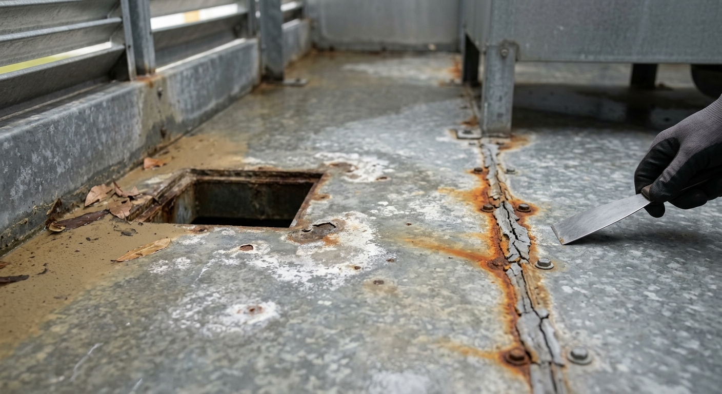 Galvanized cooling tower cold water basin with white rust deposits, rust staining along a panel seam, and pitting near the sump, the damage cooling tower corrosion protection is meant to prevent