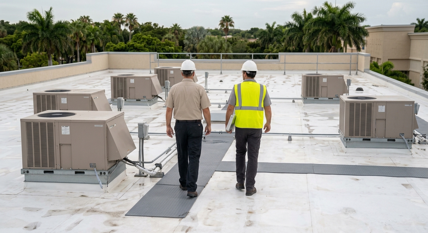 Facility manager and HVAC technician walking a row of packaged rooftop units on a South Florida retail center roof during a pre-season equipment review
