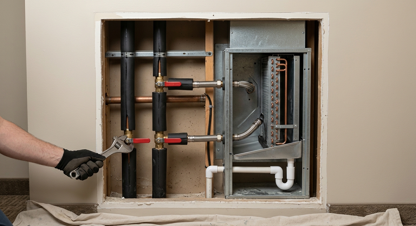 Insulated chilled water riser pipes with isolation ball valves and braided flexible connectors feeding a new vertical fan coil in an open guestroom chase during a hotel HVAC replacement