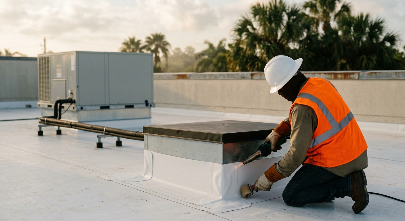 Roofing technician heat-welding white membrane base flashing up the side of a new HVAC roof curb before the rooftop unit is set