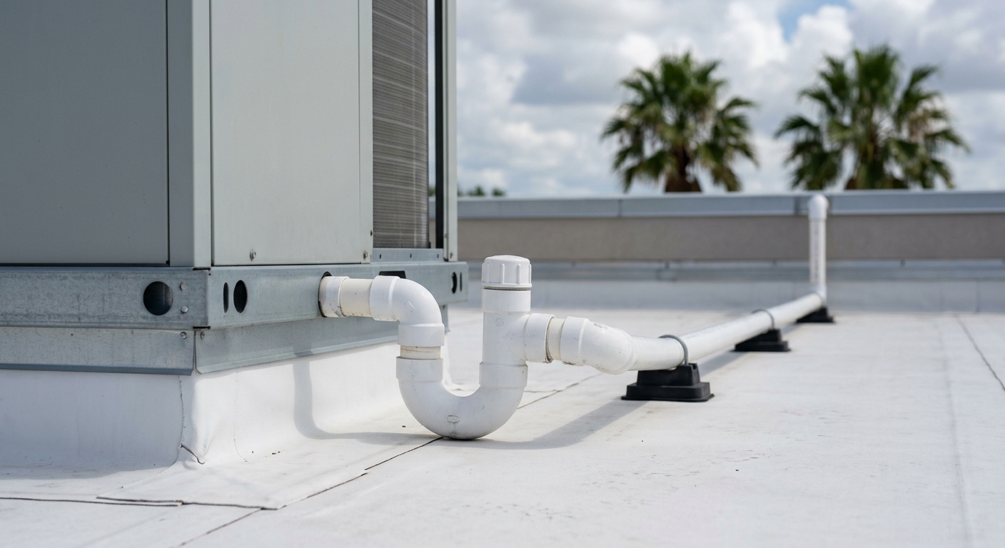 Condensate trap with a capped cleanout tee on a packaged rooftop unit, with the drain line raised on pipe supports above a white commercial roof membrane