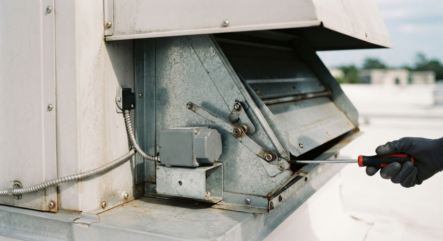 Close-up of a rooftop unit economizer damper, linkage, and actuator being adjusted during a controls retrofit on a Florida commercial building
