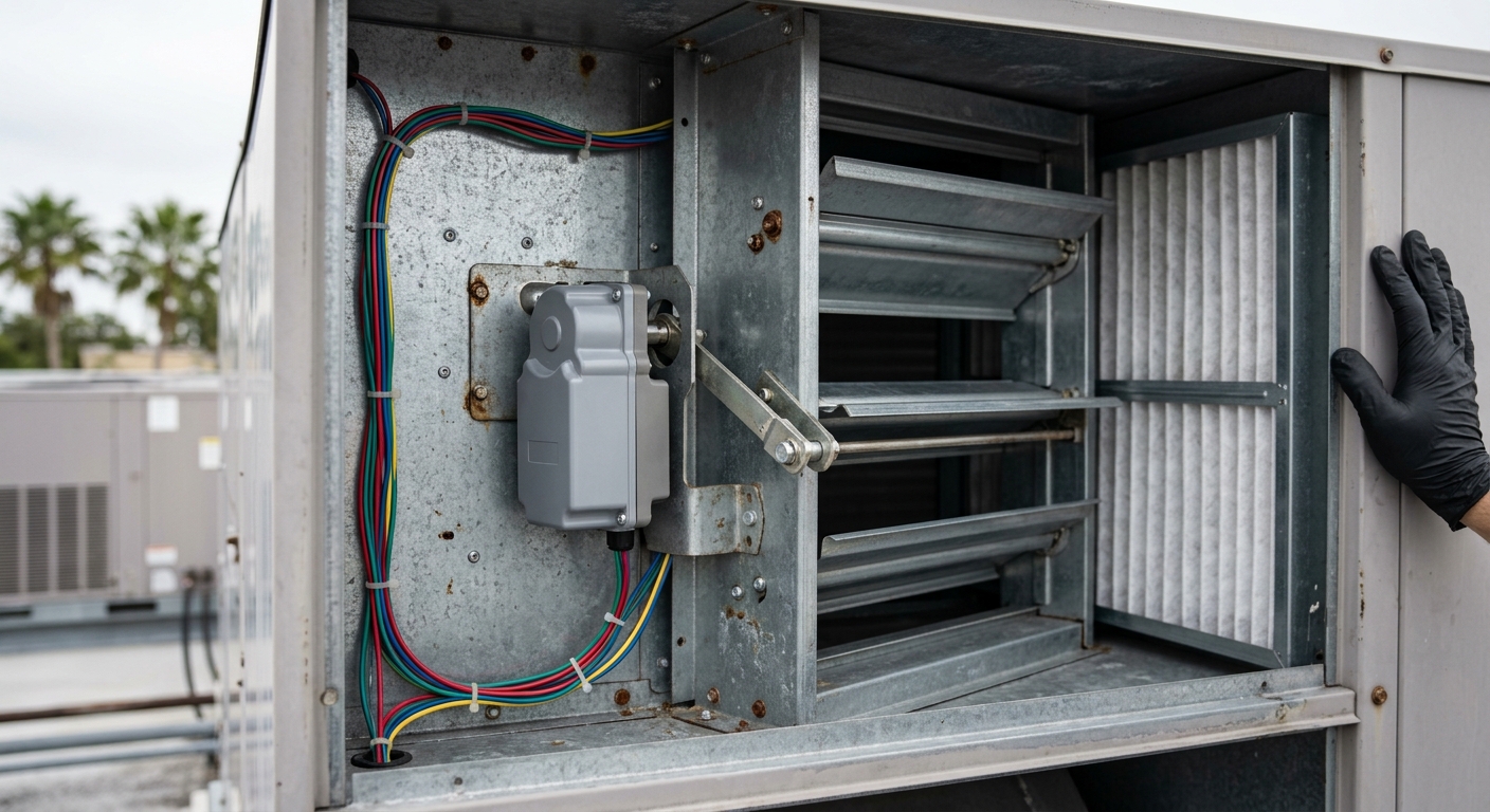 Open access panel on a commercial rooftop unit showing the economizer outdoor air damper and actuator linkage checked during HVAC performance testing