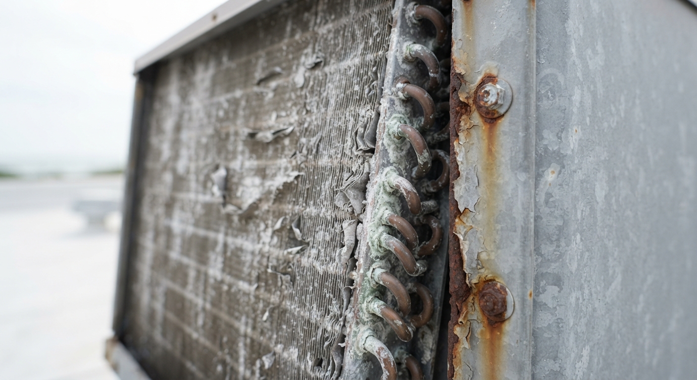 Close-up of salt-air corrosion on the condenser coil fins and cabinet of an aging rooftop unit, a condition checked before any rooftop unit retrofit in Florida