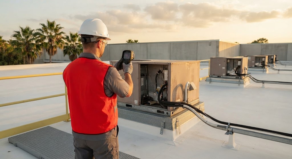 HVAC technician seen from behind holding a handheld thermal camera at the open service panel of a packaged rooftop unit during a condition assessment on a Florida commercial roof at golden hour