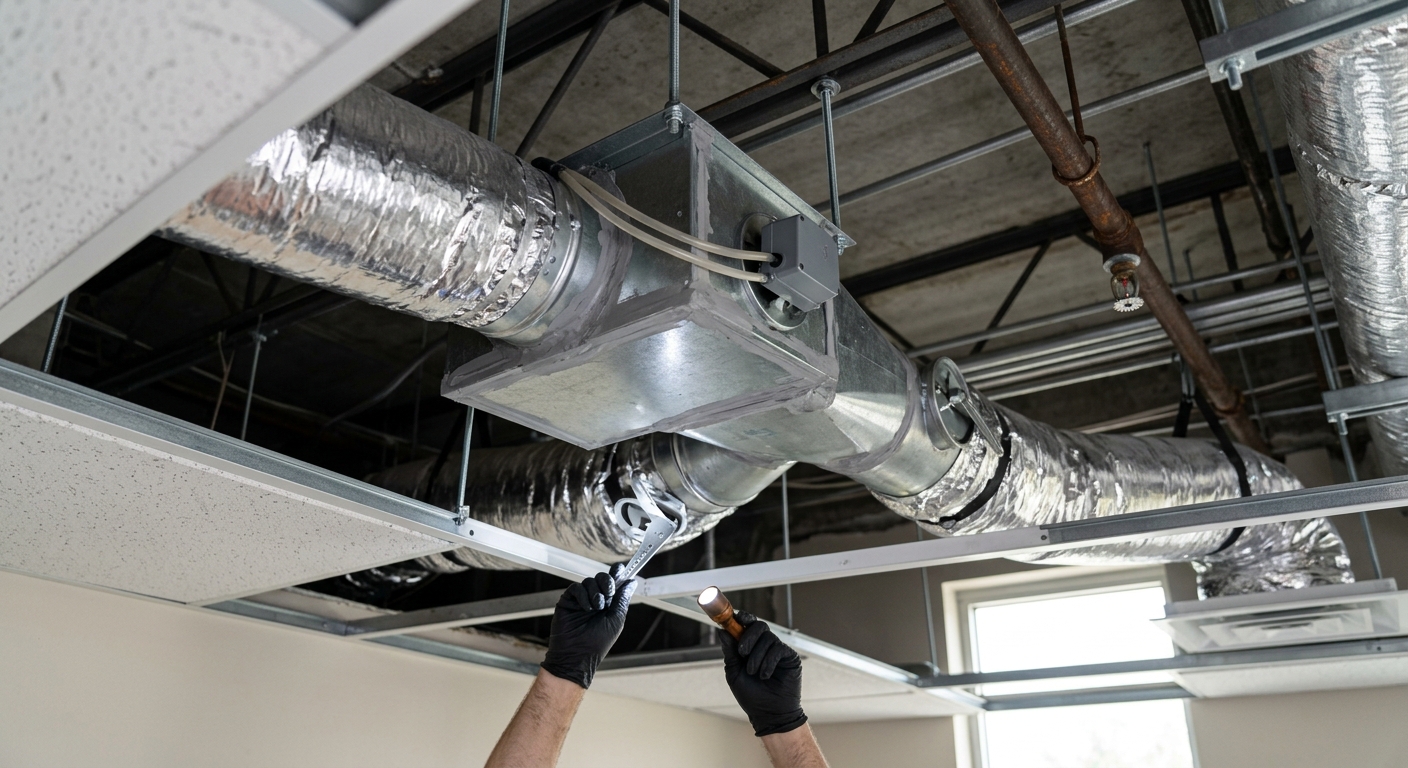 VAV terminal box and branch duct with a manual balancing damper above an open ceiling grid in a commercial office
