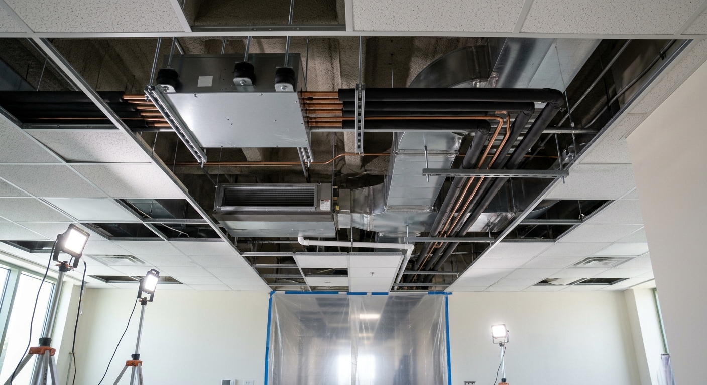 Insulated refrigerant piping and a VRF branch selector box hung in an open office ceiling during a phased commercial VRF system retrofit in South Florida.